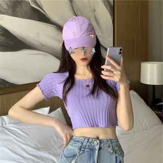 เสื้อไหมพรม ปาดไหล่ แขนสั้น เอวลอย น่ารัก สไตส์เกาหลี