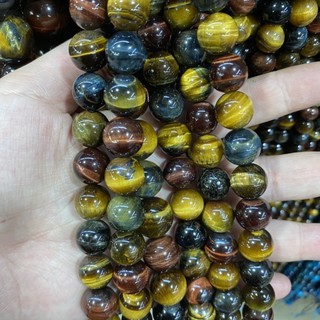 💎หินไทเกอร์อาย Tigers eye ขนาดหิน6,8,10,12,14,20มิล หินเส้นยาว 14นิ้ว DIY หินแห่งดวงและโชคลาภที่ดี หินตาเสือ