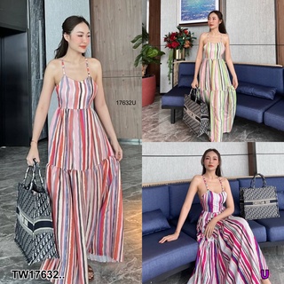 17632 แม็กซี่เดรสสายเดี่ยวสานหลังลายทาง Striped one-shoulder strapless maxi dress