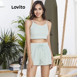 Lovito ชุดเสื้อครอป และกางเกงขาสั้น พิมพ์ลายดอกไม้ สไตล์ลำลอง L11031 (สีเบจ)