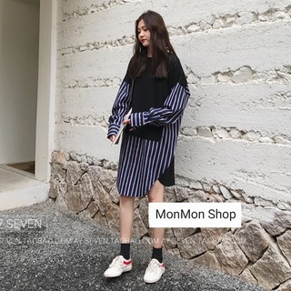 MONMON SHOP 💕MON5552 Korean Striped Dress👗 เดรสคอกลม ต่อช่วงแขนและชายเดรสด้วยผ้าลายทางสลับสี ทรงน่ารักมากค่าา