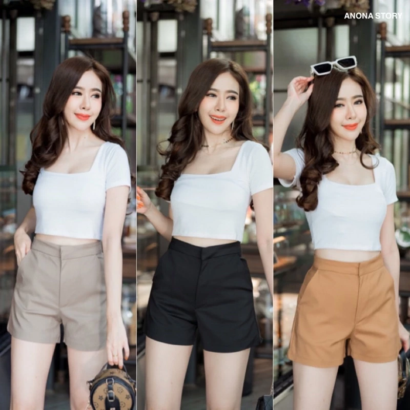 (B) กางเกงขาสั้นตะขอหน้า ทรงเรียบหรูดูแพง ผ้าเปเป้ 🔥พร้อมส่ง