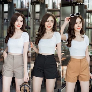 (B) กางเกงขาสั้นตะขอหน้า ทรงเรียบหรูดูแพง ผ้าเปเป้ 🔥พร้อมส่ง