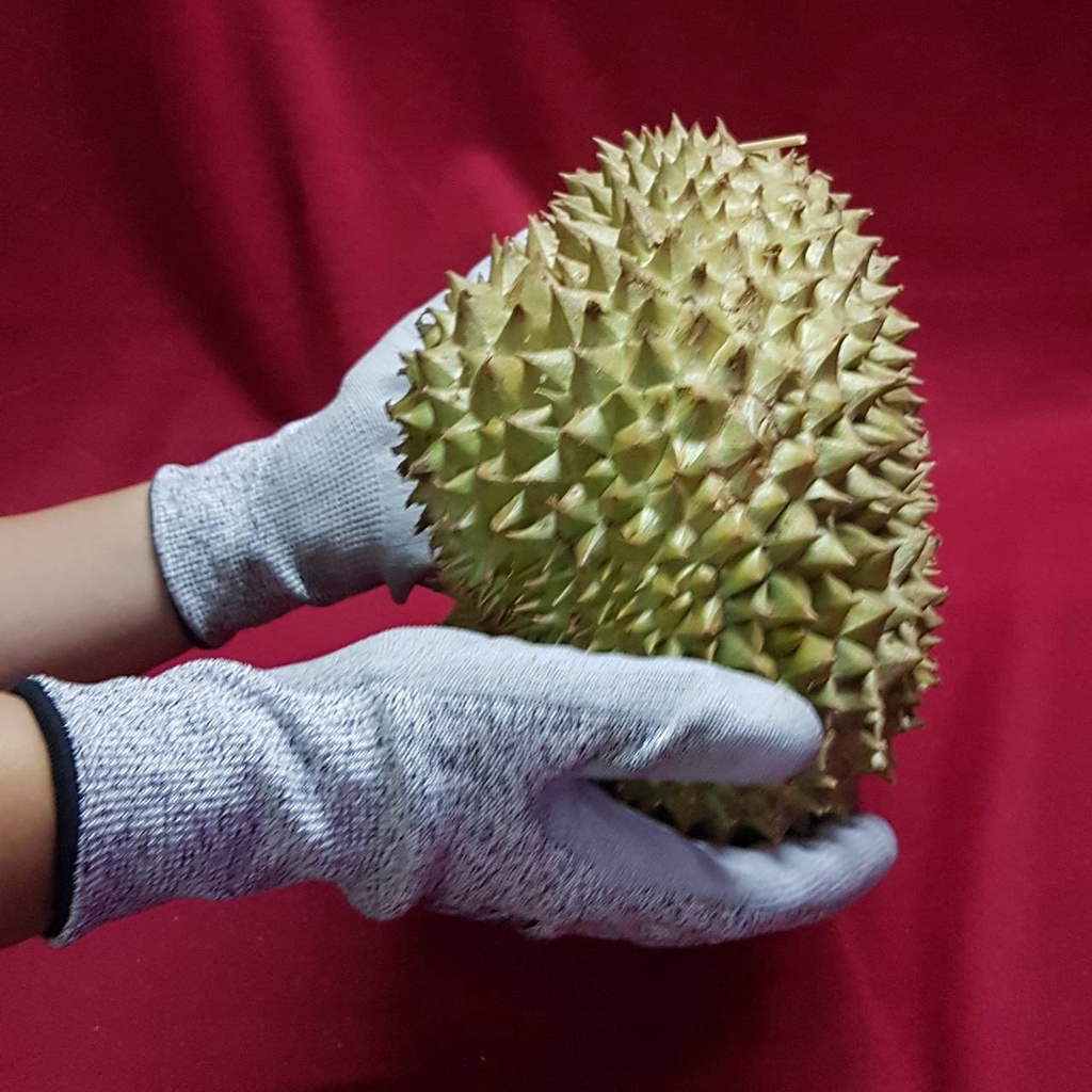 Durian Glovesถุงมือใส่ปอกทุเรียน กันหนาม ถุงมือเส้นใยกันบาดเคลือบโพลีสีเทา  สีฟ้าถุงมือทอเคลือบยางพารา บรรจุซองละ 1 คู่