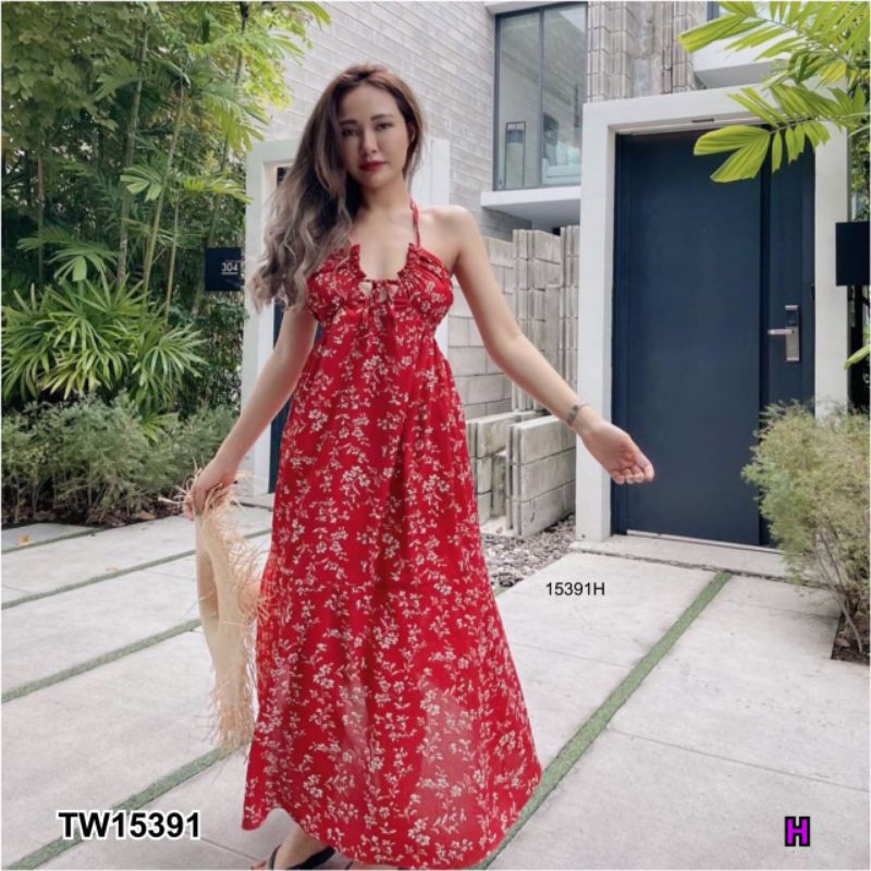 TW15391  Maxi Dress แมกซี่เดรส ด้านหน้า สายคล้องคอ