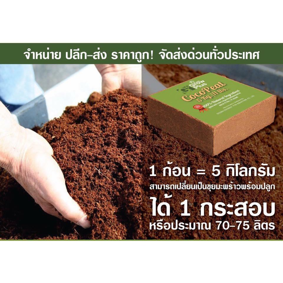 CocoPeat ขุยมะพร้าวอัดก้อน ขนาด 5 กก. (ขยายได้ 70 ลิตร) ล้างสารแทนนินแล้ว ไม้บอน ไม้ดอก กุหลาบ