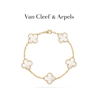 [พร้อมส่ง] Vca Van Cleef &amp; Arpels สร้อยข้อมือ จี้รูปใบไม้สี่แฉก สีเหลือง สีทอง สีขาว สไตล์วินเทจ