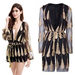 Black Feather Deep V-Neck Lantern Sleeve Playsuit Romper