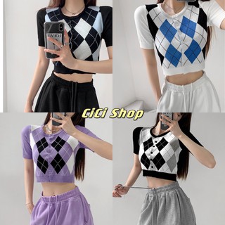 Cicishop(งานเกอร์ดี)เสื้อไหมพรมแขนสั้น 90s ลายกราฟฟิก คอกลม(7834)