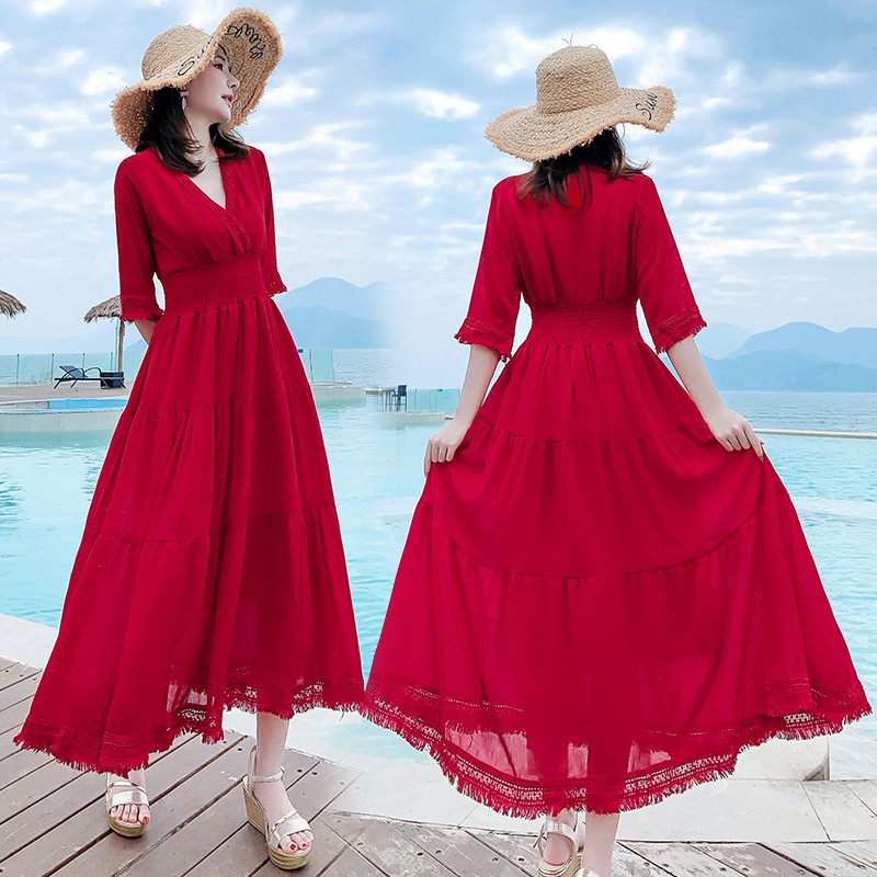 Bohemian Dress Red Dress Vneck Dress Maxi Dress Vacation Dress Beach