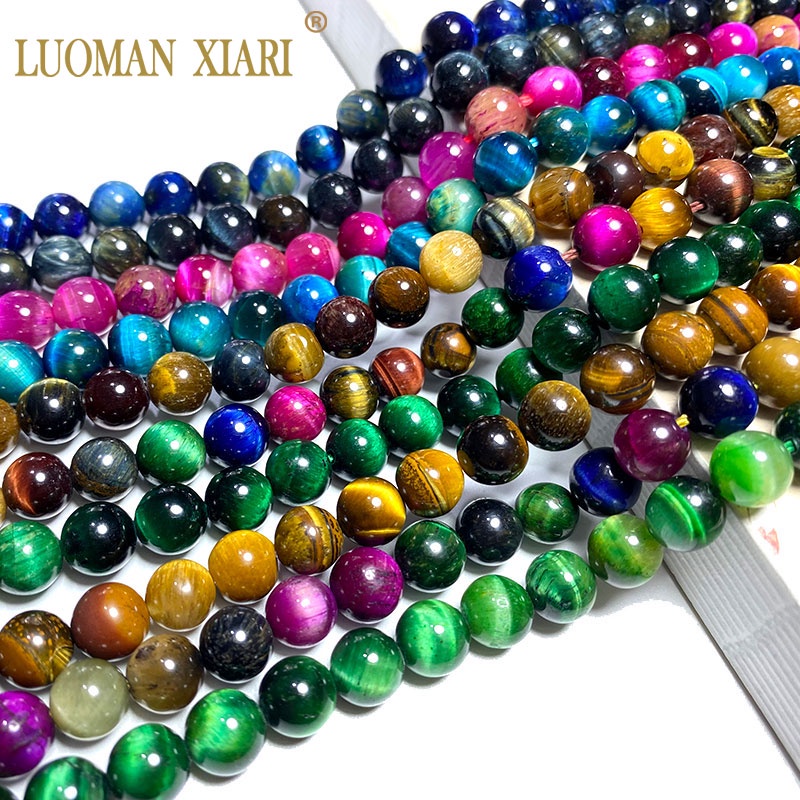 LUOMAN XIARI Spot ส่วนลดต่างๆธรรมชาติสีสัน Tiger Eye หลวมรอบหินลูกปัดสําหรับเครื่องประดับทํา DIY สร้อยคอสร้อยข้อมือ 4/6/8/10 มม.ประมาณ 38 ซม.