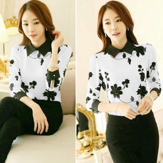 Fashion Set เสื้อแขนสามส่วน ผ้าชีฟองพิมพ์ลาย ดอกไม้ มาพร้อมกางเกง ขายาว