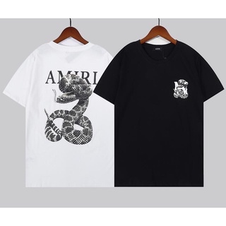 Amiri เสื้อยืดแฟชั่นสําหรับ Unisex ผ้าฝ้ายแขนสั้นพิมพ์ลาย