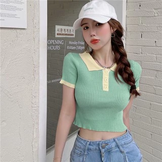 Cicishop(39087)เสื้อครอปแขนสั้นคอปกผ้าไหมพรม มีดีเทลกระดุม สีหวานโทนพาสเทล