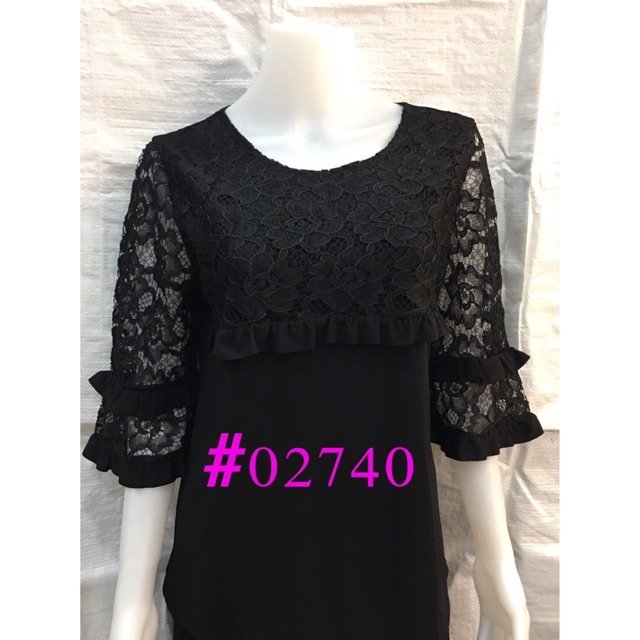 032740 เสื้อดำผ้าเกาหลีแต่งลูกไม้สำหรับสาวอวบ L-XXL เสื้องานศพ