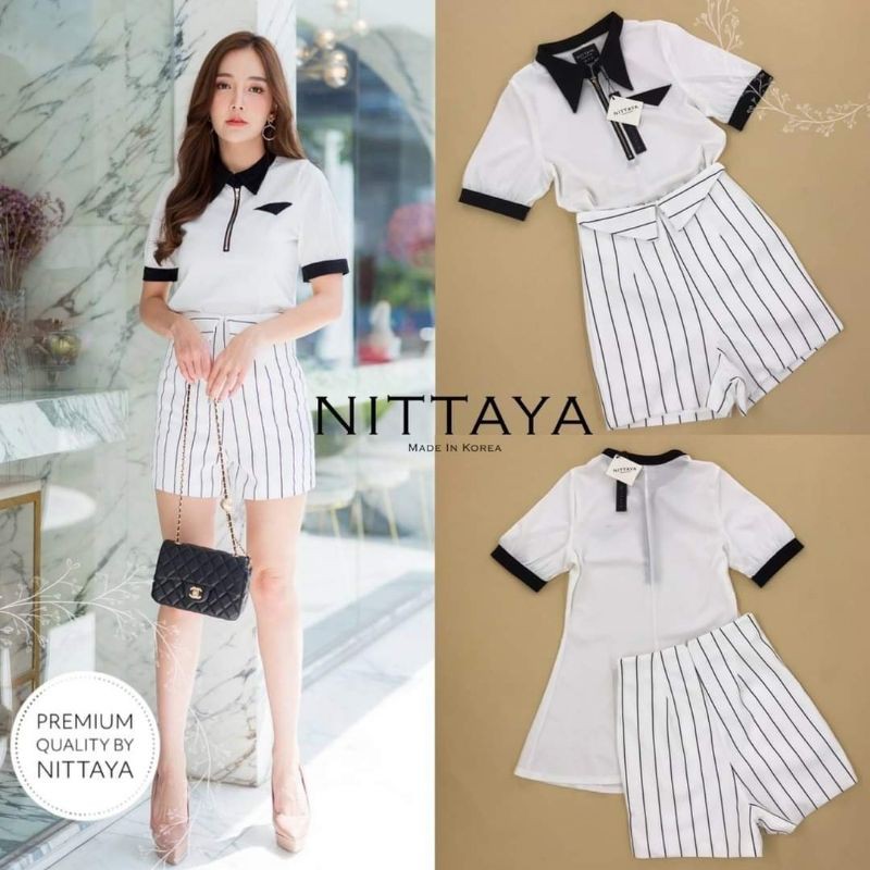 เซตเสื้อยืดสีขาวคอปกสีดำ+กางเกงขาสั้นสีขาวลาย nittaya size xs