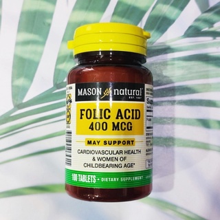 กรดโฟลิก Folic Acid 400mcg 100 Tablets (Mason Natural®) โฟเลต Folate เหมาะกับหญิงกำลังตั้งครรภ์ บำรุงหัวใจและหลอดเลือด