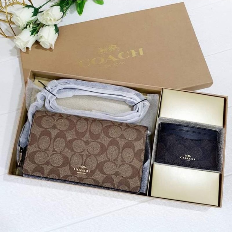 COACH C7354 SET BOXED ANNA FOLDOVER CLUTCH CROSSBODY AND CARD CASE SET IN BLOCKED SIGNATURE CANVAS