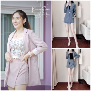 Mila Shorts Suit Stripe Set Pink Gray M L เซ็ทสูท เสื้อสูท เสื้อคลุม เบลเซอร์ มาพร้อม กางเกง ขาสั้น ลายทาง สีชมพู สีเทา