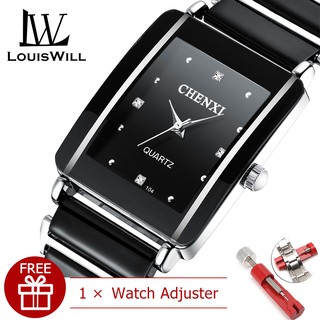 LouisWill แฟชั่นนาฬิกาควอตซ์บางนาฬิกาสุภาพสตรีชุดลำลองสีเงิน Fashion Women Watch Square Womens Quartz Watchwith Diamond  Ladies WristwatchesCeramic StrapClassic Quartz Clock High Quality Watches for Female