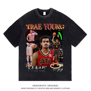 เสื้อยืดแขนสั้นลําลอง ผ้าฝ้าย พิมพ์ลาย Trey young basketball แฟชั่นฤดูร้อน สไตล์อเมริกัน สําหรับผู้ชาย