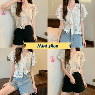 Mini shop🌸พร้อมส่ง🌸 (19996)  เสื้อถักไหมพรมแขนสั้น ลายดอกไม่ฉลุเซ็กซี่สไตล์ โคเรียค