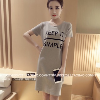 พร้อมส่ง 👗 เดรสแฟชั่น คอกลม แขนสั้น ลาย keep it simple ผ่าข้าง รหัสสินค้า MY1498 💋