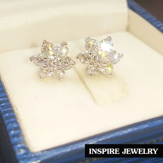 INSPIRE JEWELRY ต่างหูเพชรรูปดอกไม้ เพชรสวิสเล่นไฟดีมาก งานฝังแบบร้านพลอย ร้านเพชร งานจิวเวลลี่ สวยงาม ปราณีต พร้อมกล่อง