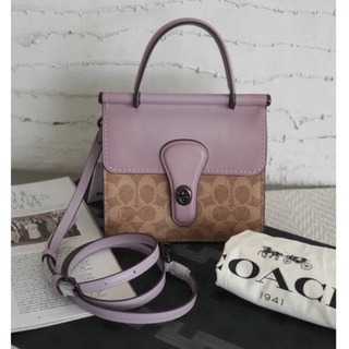 (ผ่อน0%) กระเป๋าสะพายข้าง Coach WILLIS TOP HANDLE 18 IN SIGNATURE CANVAS 89224 Tan Soft Lilac งานshop ลายซี สีม่วง