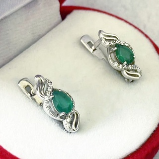 Q6401 ต่างหูพลอยโมราแท้ ( Chrysoprase ) แบบอิงล็อค ตัวเรือนเงินแท้ 925 ชุบทองคำขาว