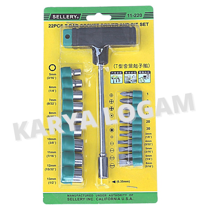22 ชิ้น SCREWDRIVER T BAR SOCKET DRIVER & BIT SET SELLERY 11-220