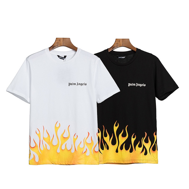 สตรีทแฟชั่น 9AL7M ผ้าฝ้ายผู้ชายและผู้หญิงเสื้อยืดเปลวไฟพิมพ์แขนสั้นเสื้อหลวมเสื้อลําลอง Unisex