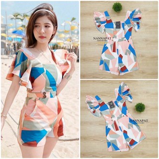 Playsuitเพย์สูทสีสดผ้านิ่มแขนระบายกางเกงกระเป๋าข้าง