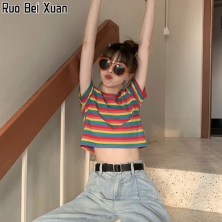 Ruo Bei Xuan เสื้อยืดแขนสั้นลายทางสีรุ้งสำหรับผู้หญิงใหม่