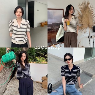 Cicishop(8005/81018)เสื้อคอปกแขนสั้น ผ้าไหมพรมลายทาง ดีเทลแต…