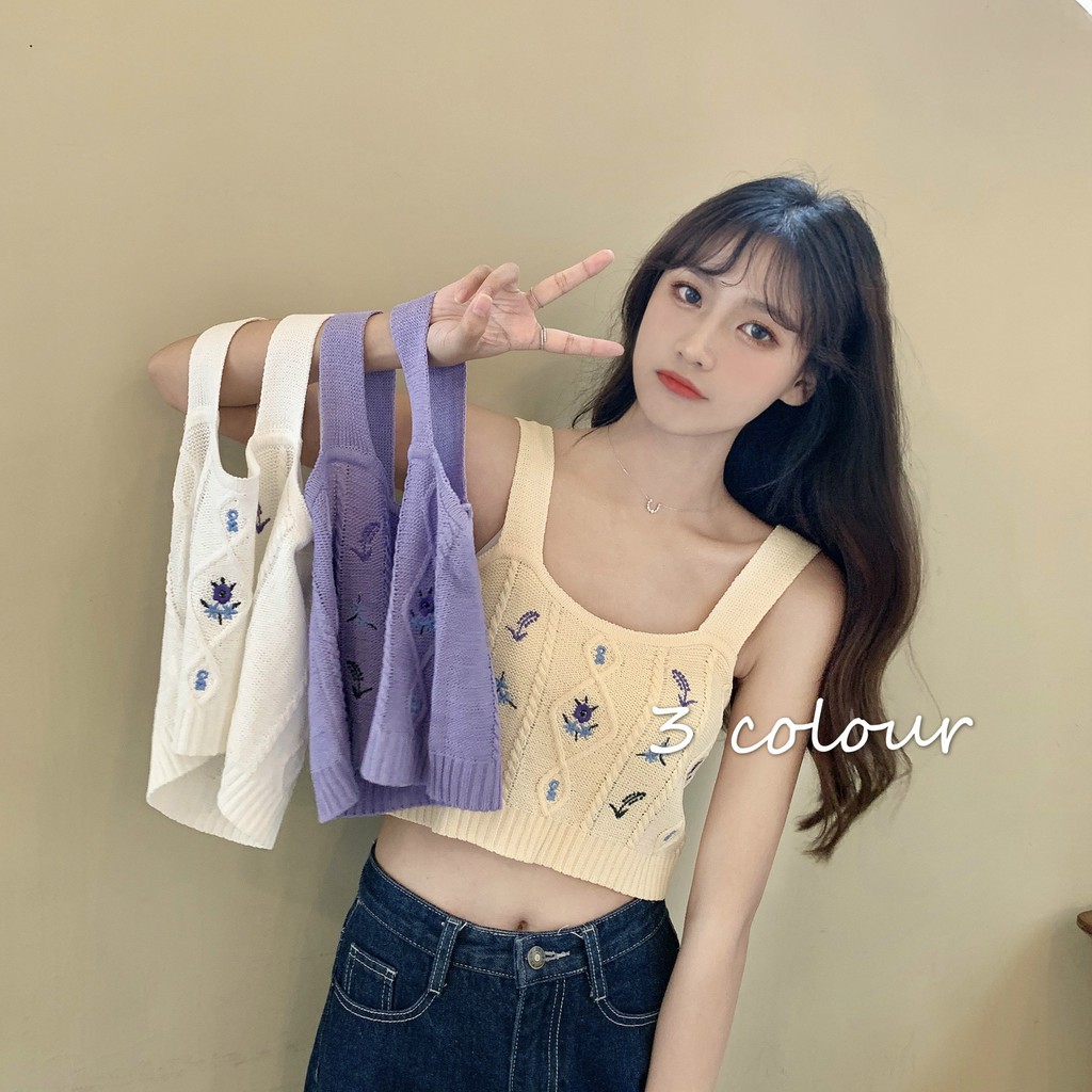 Cicishop(พร้อมส่ง)เสื้อกล้ามไหมพรมถัก ปักลายดอกทิวลิป​โทนม่วงๆครีมๆ ละมุนมากๆ(73066) – โปรปัง