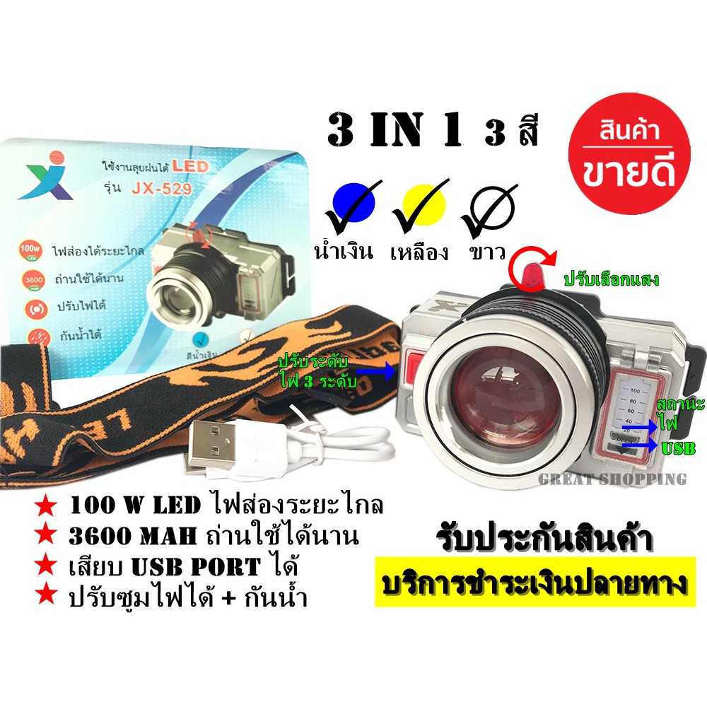 ไฟฉายคาดหัว แรงสูง รุ่น หลอด LED LITHIUM 3800 W ไฟ 3 สี หลอด LED 100 W (แสงสีขาว และสีเหลือง แสงสีน้ำเงิน) ลุยน้ำได้