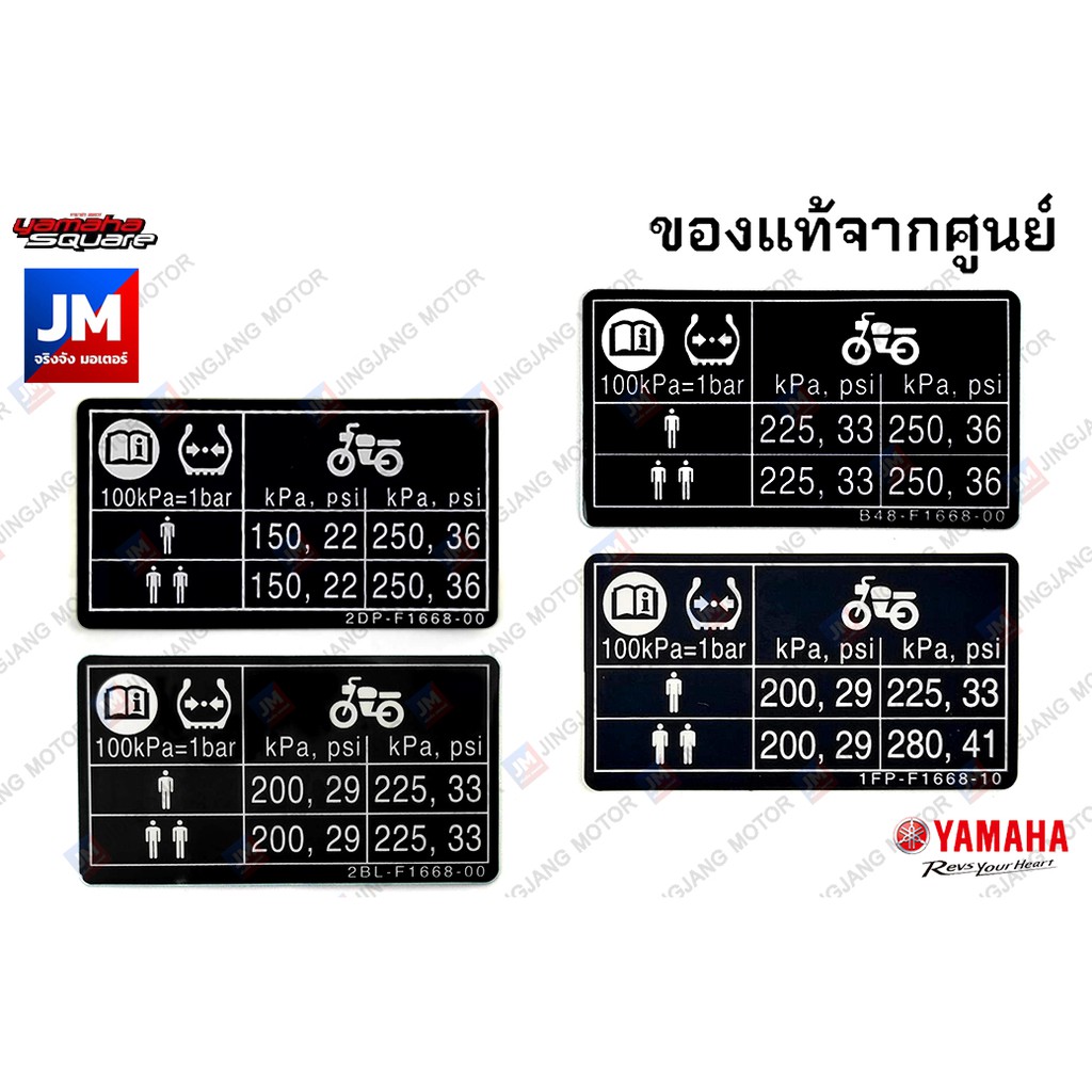 (F16680000)(F16681000) สติ๊กเกอร์แนะนำการเติมลมยาง PSI KPA แรงดันยาง คำเตือน แท้ศูนย์ YAMAHA ทุกรุ่น