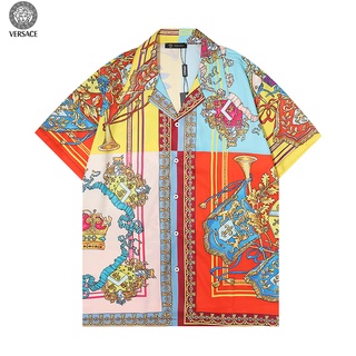Versace เสื้อยืดแขนสั้น ผ้าฝ้าย พิมพ์ลาย แฟชั่นสําหรับผู้ชาย และผู้หญิง