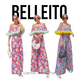 New!!! Jumpsuit ลายผ้าน่ารักมากค่ะปาดไหล่แต่ง detail ขนนกฟรุ้งฟริ้งทรงสวยมาก by BELLEITO new colle tion style เกาหลีฟุดๆ