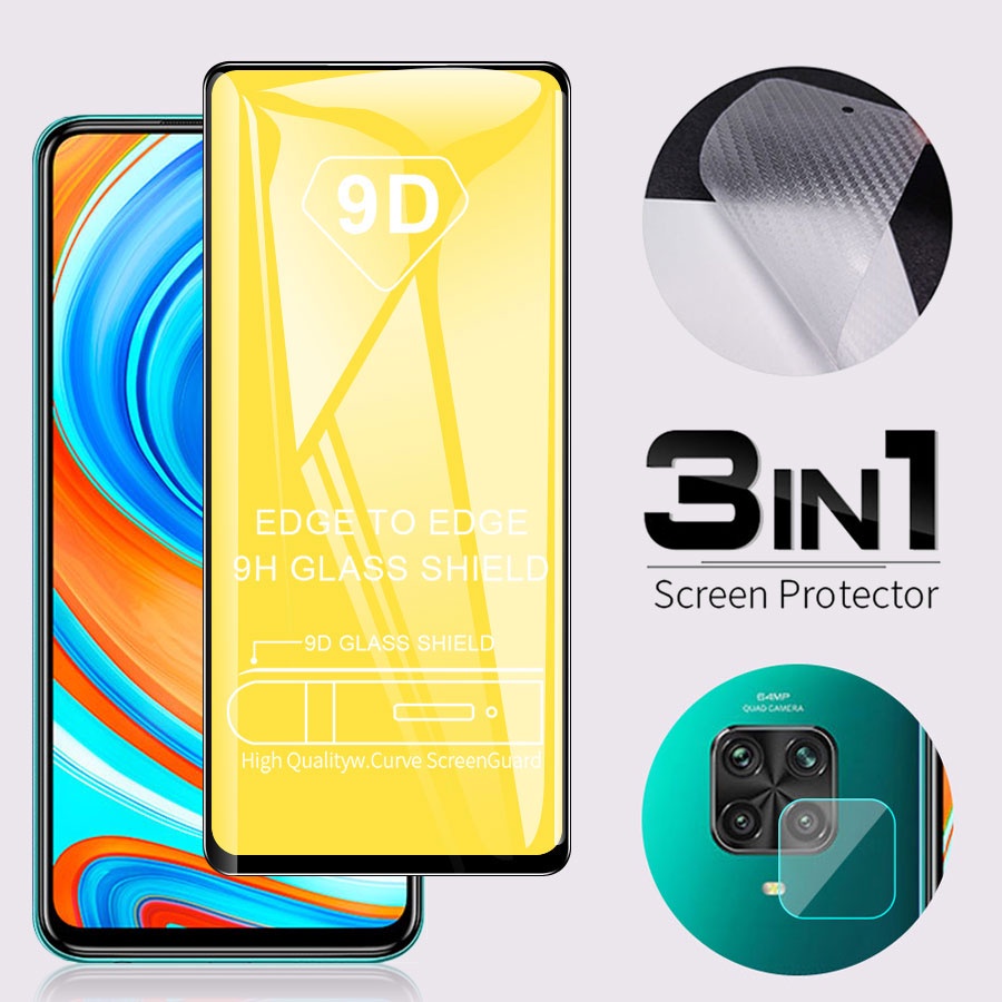 3 in 1 ฟิล์มกระจก ปกป้องเต็มจอ 9D สำหรับ + ฟิล์มเลนส์กล้อง + ฟิล์มป้องกันด้านหลัง Xiaomi Redmi 9T 9 