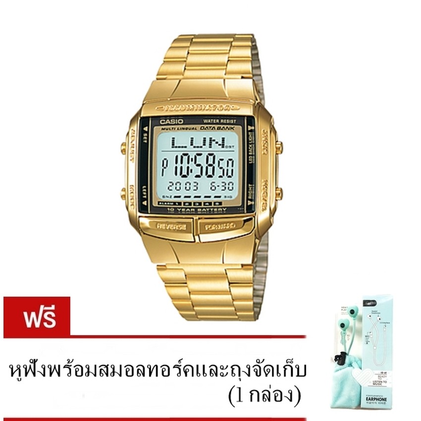 นาฬิกาข้อมือ Casio Standard Data Bank สีทอง สายสแตนเลส รุ่น DB-360G-9ADFแถมฟรี หูฟังสมอลทอร์ค
