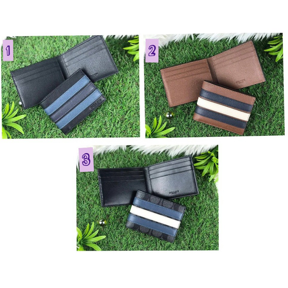 Coach แท้ ✔️ กระเป๋าสตางค์ผู้ชาย ใบเล็ก คาดหนัง | Coach Slim Billfold Wallet with Varsity Stripe