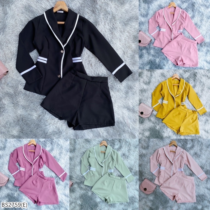 Fashion Set เสื้อปกสูทแขนยาว แต่งแถบสีขาว มีกระดุมหน้า + กางเกงขาสั้น