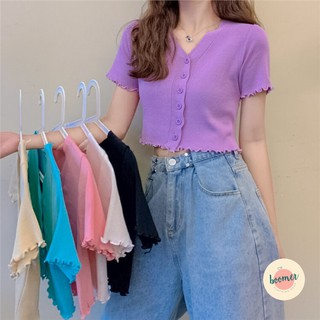 เสื้อไหมพรมแขนสั้น  เเต่งระบาย มีกระดุมหน้า
