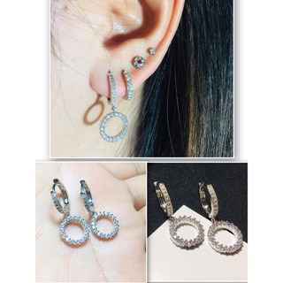 🔥new🔥ราคา/คู่ ต่างหูห่วงเพชรจี้วงกลมฝังเพชร Cubic Zirconia หุ้มทองคำขาว งานเกาหลีสวยงามน่ารัก