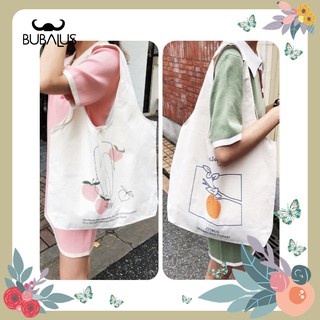 ฺBBL-Z010 🐃กระเป๋าผ้า ทรงถุงลายผลไม้ ส้มและลูกท้อ 🍊🍑 สกรีนสวยลายน่ารัก 👧