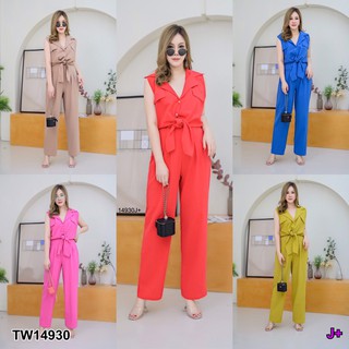 TwinsShopVip💗พร้อมส่ง TW14930 Set #สาวอวบ เสื้อแขนกุดผูกโบว์เอว+กางเกงขายาว