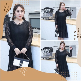 PMSWEET PLUSSIZE : PM4154 : พร้อมส่ง เสื้อผ้าไซส์ใหญ่ คนอ้วน สาวอวบ ชุดเดรสลูกไม้สีดำ ชุดเดรสออกงาน