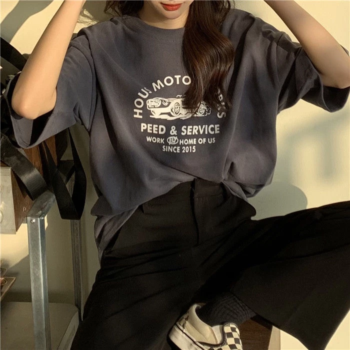 เสื้อยืดไซส์ใหญ่คอกรมผู้หญิง oversize แขนสั้นสไตล์เกาหลี เสื้อผ้าแฟชั่นวัยรุ่นน่ารัก เสื้อโอเวอร์ไซส์สกรีนลายวินเทจ xxl thumbnail 9